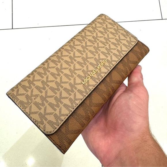 Michael Kors Jet Set Large Signature Logo TriFold Wallet Camel Multi - Picture 3 of 7